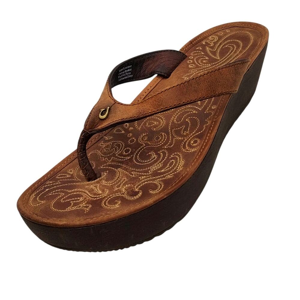 OluKai Paniolo Women's Wedge Flip-Flop Thong Sandal Brown Leather Sz US 9 EU 40